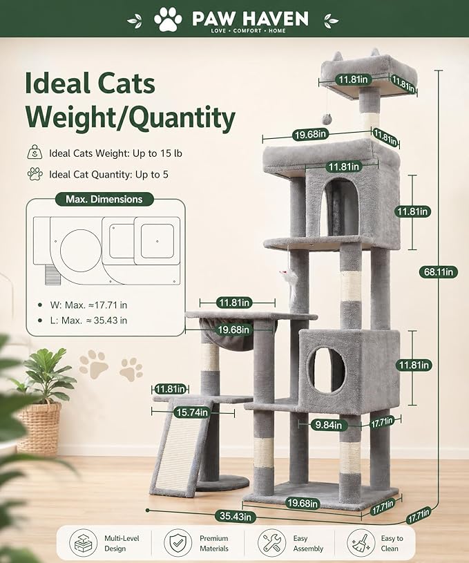 68 Inches Heavy Duty Cat Tree for Indoor Cat, Big Cat Tower with Sisal Scratching Posts and Top Perch, Large Platform for Adult Cats, PMT02GY, Grey