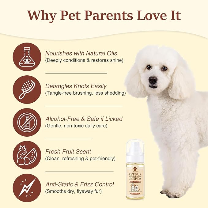 Dog & Cat Fur Oil & Coat Conditioning Spray – Leave-In Detangler & Conditioner Reduces Shedding with Coconut & Jojoba Oil – Natural,Alcohol-Free – Soft, Shiny Fur for Doodles, Poodles & Toy Breeds