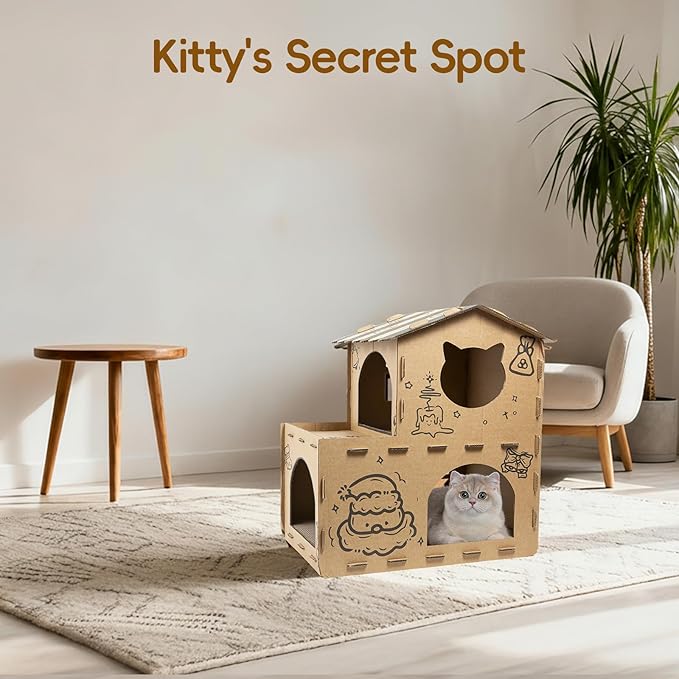 Two-Story‌ Cardboard Cat House with Scratching Pad, Hideout Kitten Bed Scratcher for Indoor Cats, Durable Cat Play House with Multiple Entrances and Windows, Corrugated Cardboard Construction