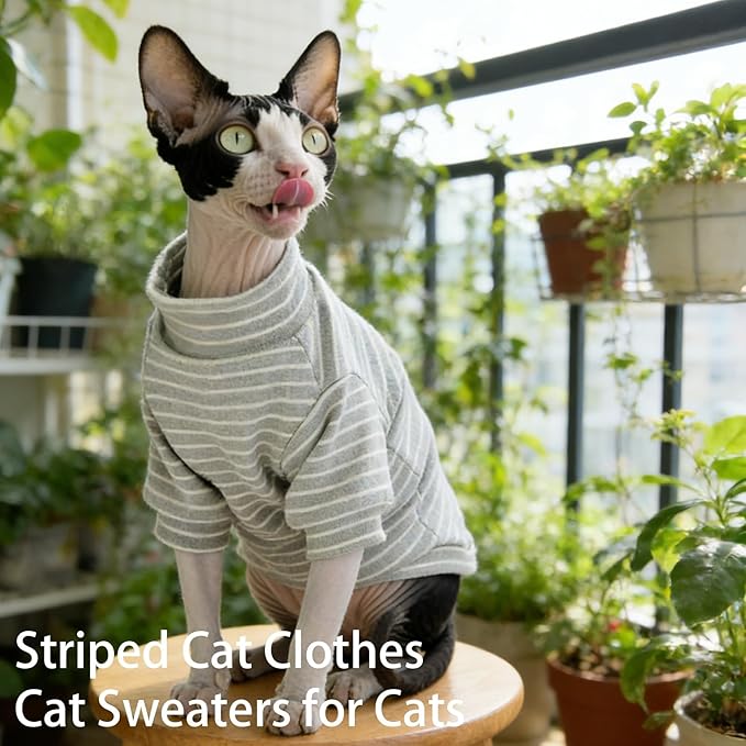 Sphynx Cat Sweater Plaid Hairless Cat Clothes Sweater Fleece Soft Warm Long Sleeves Pullover Pet Clothes Pajamas Dog Cloth for Small Dogs Jumpsuit Pet Sweaters (G-Striped, Small)