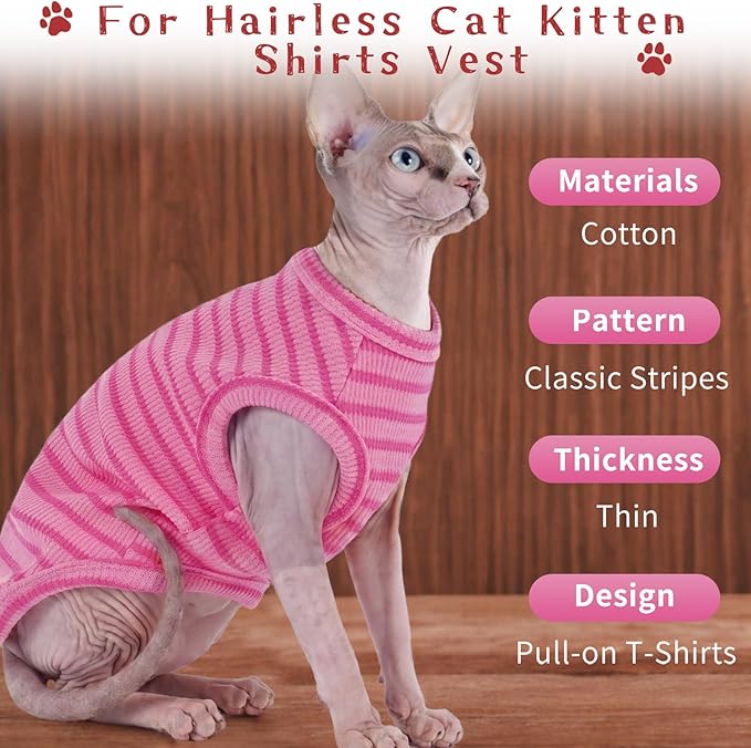 BRKURLEG Knit Cat Shirt, Sleeveless Pet Vest for Sphynx Cats and Small Dogs, Soft Pullover Spring Summer Apparel, Breathable T-Shirts with Round Collar (Rose Pink Stripes, S)
