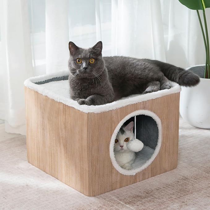 Cat Condo House with Reversible Cushions and Fluffy Ball Hanging, Foldable Cat Cube, Large Cave Bed for Indoor Kittens, Brown Wood Grain Pattern