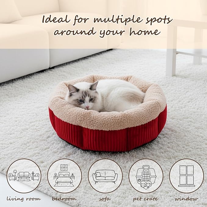 AceOrbit 4 Pack Cat Bed Bulk 20in Self Warming Pet Beds for Small Cats Dogs Washable Red Round Donut Calming Bed with Anti-Slip Bottom Pet Gift Winter for Small Medium Cats and Dogs Puppy Kitten