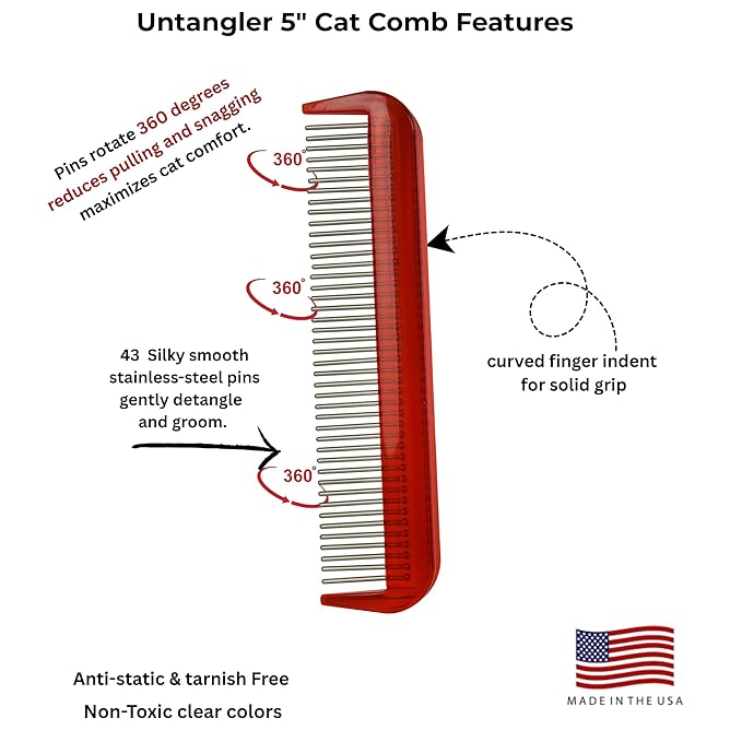 Cat Comb - Ferrari Red, 5" - Silky Smooth Rotating Teeth for Gently Detangling Matted Cat Hair, Stimulates Natural Oil Production, Stainless Steel, Made in USA, Vet Recommended