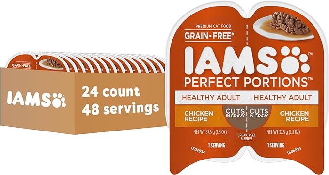 IAMS Perfect Portions Grain Free Wet Cat Food, Healthy Adult Cat Food Wet, Chicken Recipe Cuts in Gravy, (24) 2.6 oz. Twin-Pack Trays