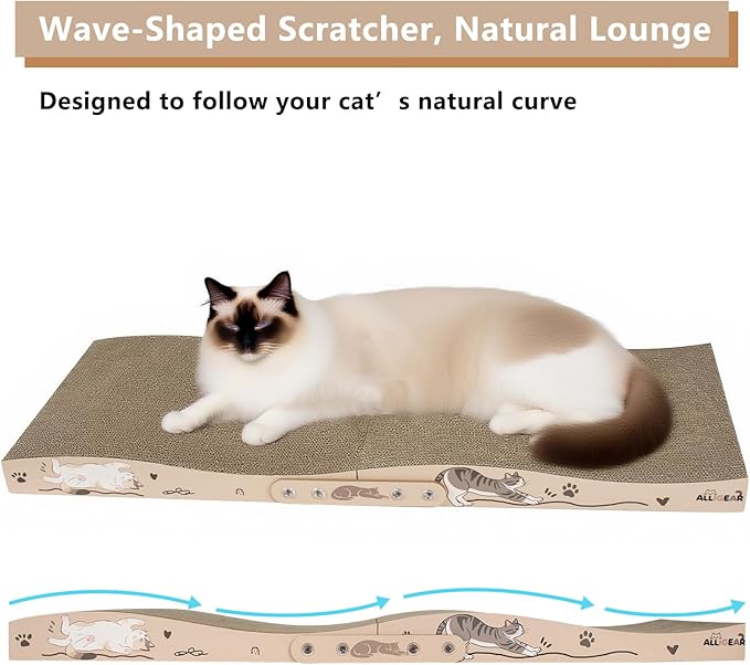 ALLGEAR 33"x13" Extra Large Cat Scratcher Lounge, Jumbo Corrugated Cardboard Scratching Pad for Large Cats, Wave Reversible Thick 2.2"–1.4", W/Catnip, Durable Cat Bed (2 XL Pads = 4 Medium Pads)