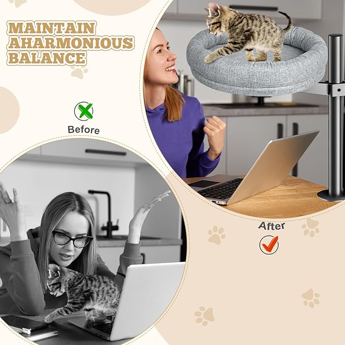 Cuipingoo Cat Desk Bed - 360° Rotating & Adjustable, Supports 40 lbs, Soft Faux Fur with Dual-Sided Reversible Mat, Modern Indoor Cat Nest Furniture for Office Desks and Game Tables, Island Table