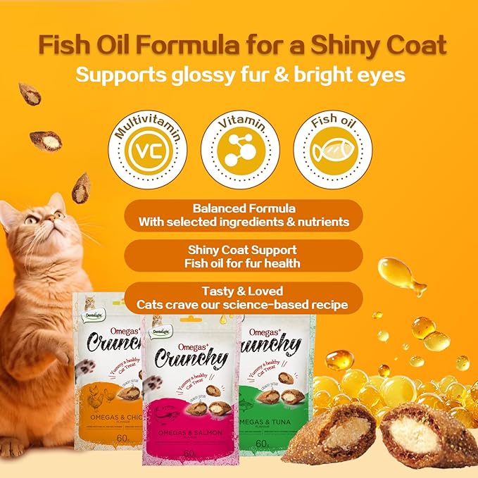 Faywell Omegas Crunchy Cat Chew Treat, Salmon and Chicken, Fish Oil and Egg Powder for Skin & Fur (60g, Salmon)