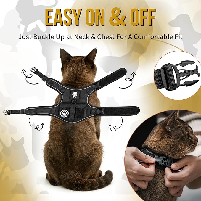 OneTigris Tactical Cat Harness and Leash - Escape Proof Soft Adjustable Cat Harness, Breathable, Comfortable, Durable Water-Resistant Vest with Reflective Strips and Pocket for Cat Tracker