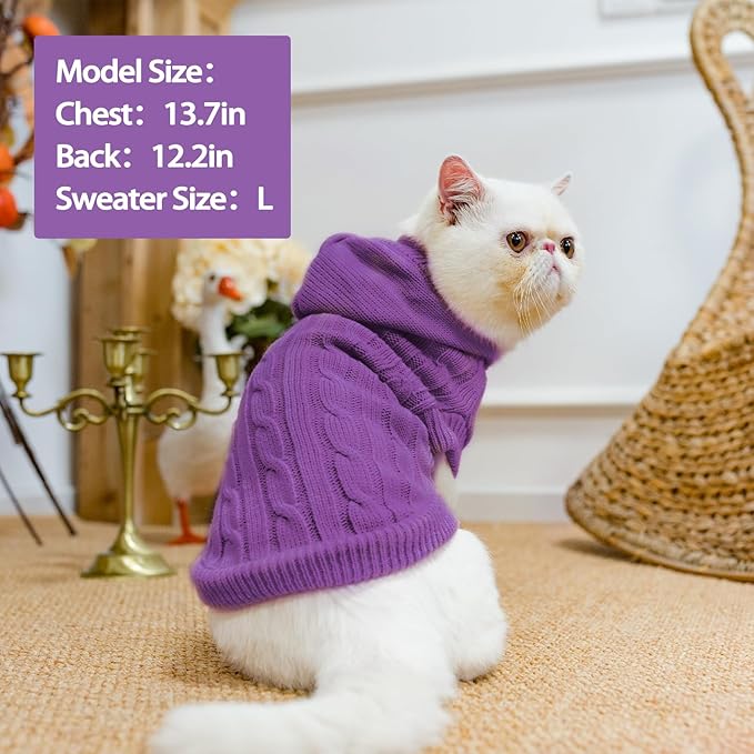 PUPTECK Winter Dog Cat Sweater Coat - Soft Cold Weather Clothes Knitwear for Kitties & Small Dogs Indoor Outdoor Walking Warm, Knitted Classic for Doggies Kitties Girls Boys, Purple L