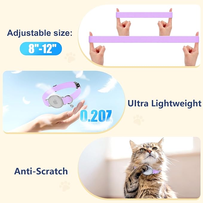 AirTag Cat Collar, Breakaway Air Tag Cat Tracker Collar with Integrated Airtag Holder Compatible with Apple Air Tag, Ultra Elastic & Comfortable Pet Tracking Collars for Cats Kittens (Purple)