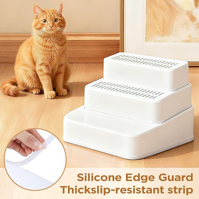 Adjustable 3 Steps Litter Box Ramp, Cat Ramp for Litter Box with Litter Trapper, Litter Box Step for Small & Elderly Cats, Fits Automatic Litter Boxes (White)