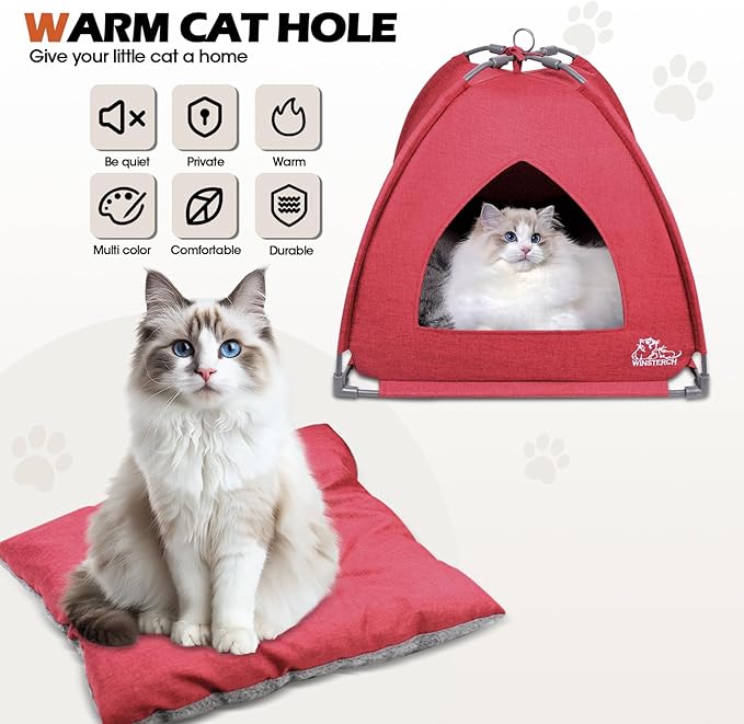 Winsterch Cat Bed Cave for Indoor Cats, Small Pet Tent Cave for Cats, Kittens, and Small Dogs, Warming Cat House with Removable Washable Cushion (18.5'‘ x 18.5’' x 15.8'',Red)