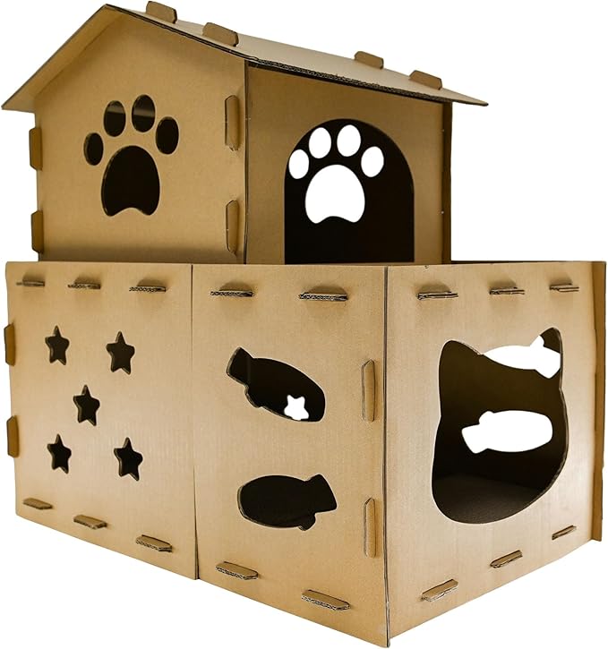 Cardboard Cat Scratcher House, Modular Cat Condo - 25" Large 2-in-1 Double Layer Cat Play Villa with Built-in Scratching Surface for Indoor Cats - Final Clearance, Limited Stock Left!