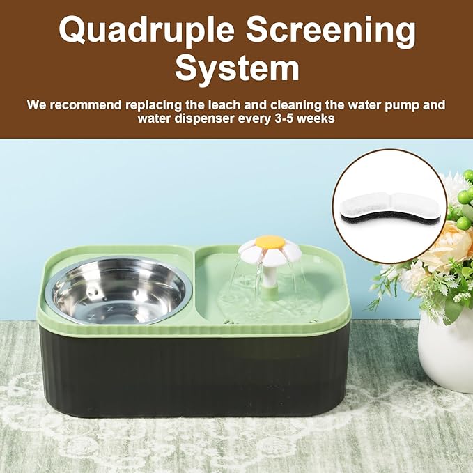 Cat Water Fountain and Food Bowl, 3L Ultra Quiet Pet Water Dispenser with Quadruple Filtration System,Cat Feeding & Watering Supplies, Automatic Flower Fountain & Stainless Steel Bowl for Cats (green)
