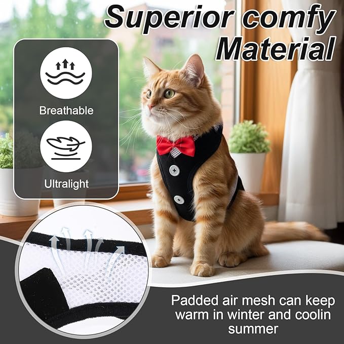 Cat Harness Leash Set for Walking Soft Adjustable Cats Vest Harnesses Escape Proof Comfortable Breathable Mesh Kitten Anti-Escape Leash Chest Harness Easy to Wear for Outdoor Travel