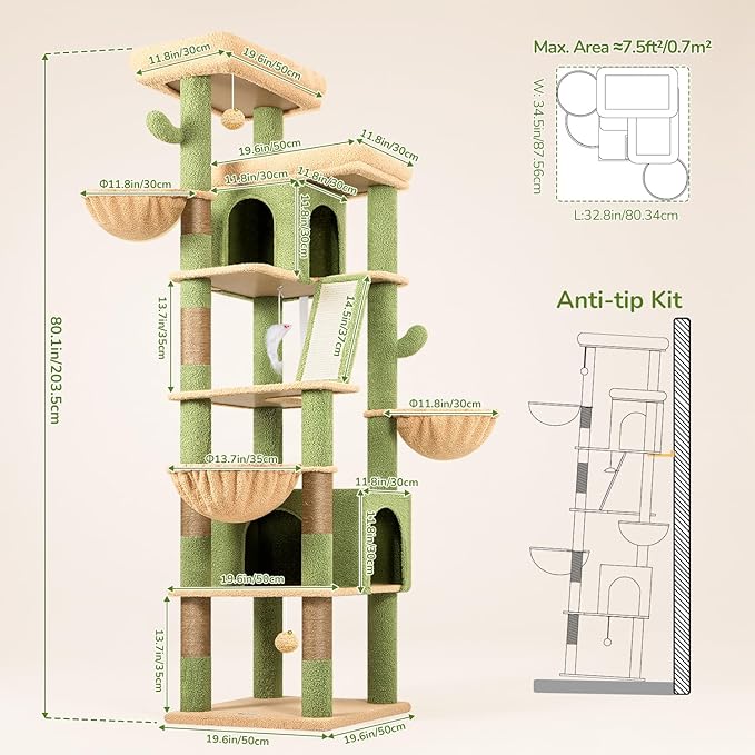 Globlazer Extra Large Cactus Cat Tree Tower 80in Tall Cat Tree for Multiple Indoor Cats Large Adult Kittens with Scratching Posts, 2 Widened Perches, Adjustable Baskets, 2 Cozy Condos, S80G, Green