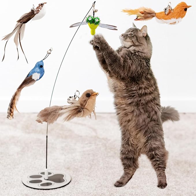 Interactive Cat Toys for Bored Indoor Adult Felines - Any Surface Base Teaser Wand - Feather Stimulation Activity - Bird Simulation Self Play Kitten Enrichment Solo Exercise - Juguetes para Gatos