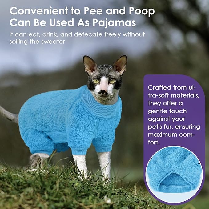 Sphynx Hairless Cat Sweater, Full Body Warm Fleece Sweaters with Sleeves for Cats, Soft Turtleneck Cat Clothes, Cozy Pullover Pajamas for Hairless Cats Devon, Donskoy & Small Dogs, Blue S