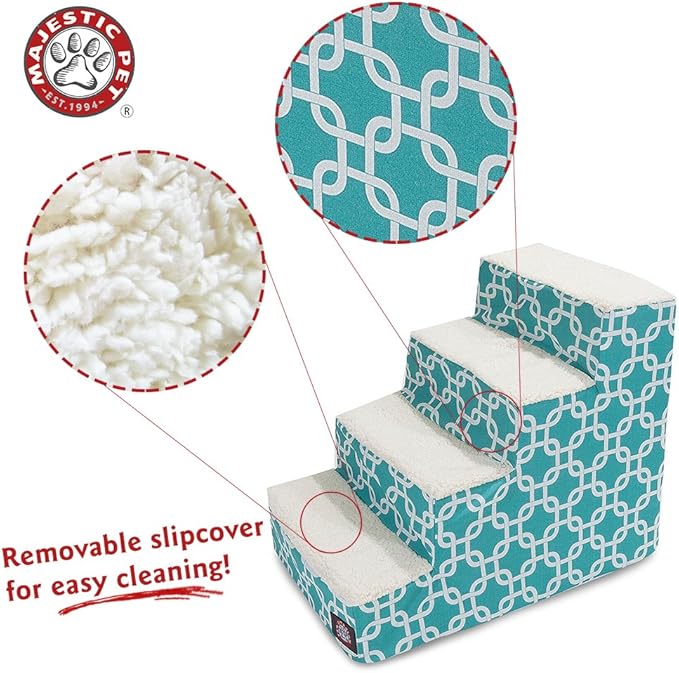 Majestic Pet 4 Step Portable Dog Stairs for Small Dogs to get on Bed Supports 250 lbs or Less – Dog Steps for High Bed with Machine Washable Cover –Pet Stairs for Cats Links Teal