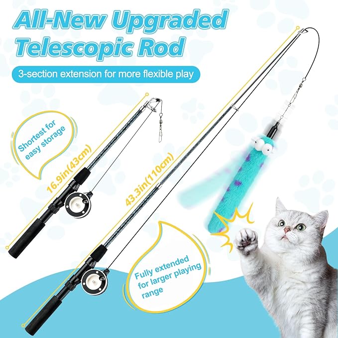 Pawaboo Cat Teaser Wand Toys, Cat Fishing Pole Toy with 3 Pack Feather Refills, 3-Section Retractable Kitten Feather Toys with Pulley, Indoor Cats Teaser Catcher Exerciser with Bell, Blue
