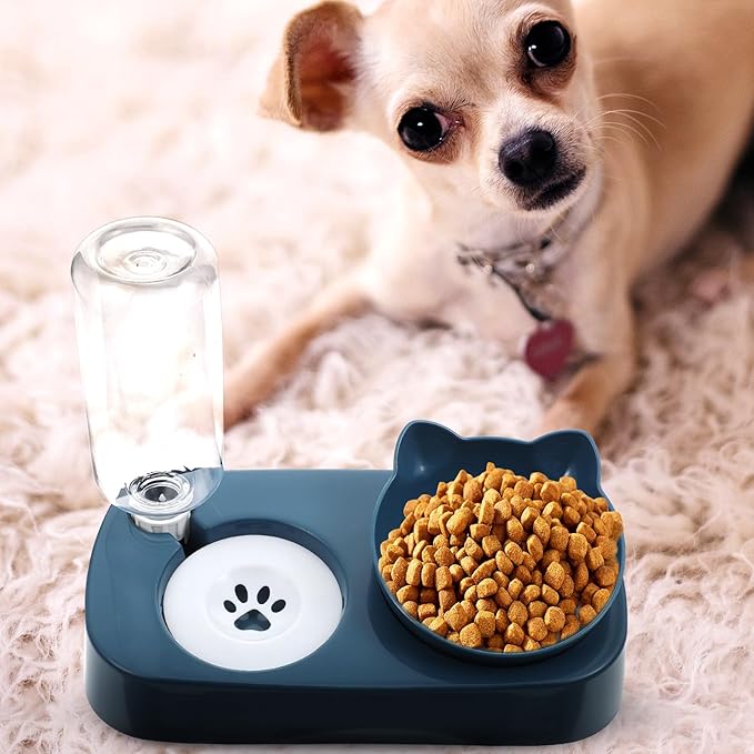 Pet Cat Dog Anti-Spill Water and Food Bowl Blue Plastic Raised Feeder with Neck Protection for Pets and Watering Supply for Home Use