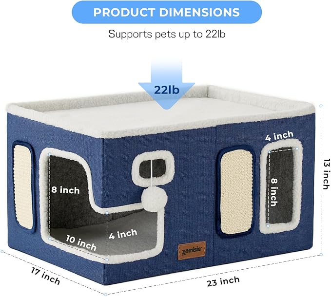 ZOMISIA Extra-Wide Cat House for Indoor Cats - Large Cat House for Pet with Fluffy Ball Hanging and Scratch Pad, Foldable Cat Hideaway for Multi Cats, 23x16.5x13 inches, Grey