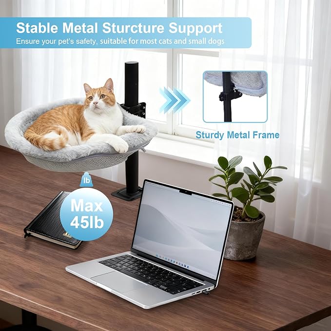 Cat Desk Bed - 360° Rotating Height Adjustable Cat Hammock for Desks & Tables, Soft Washable Dual-Sided Plush & Mesh Mat for Indoor Cats and Puppy, Supports Up to 45lbs, Suitable for Office Home Use