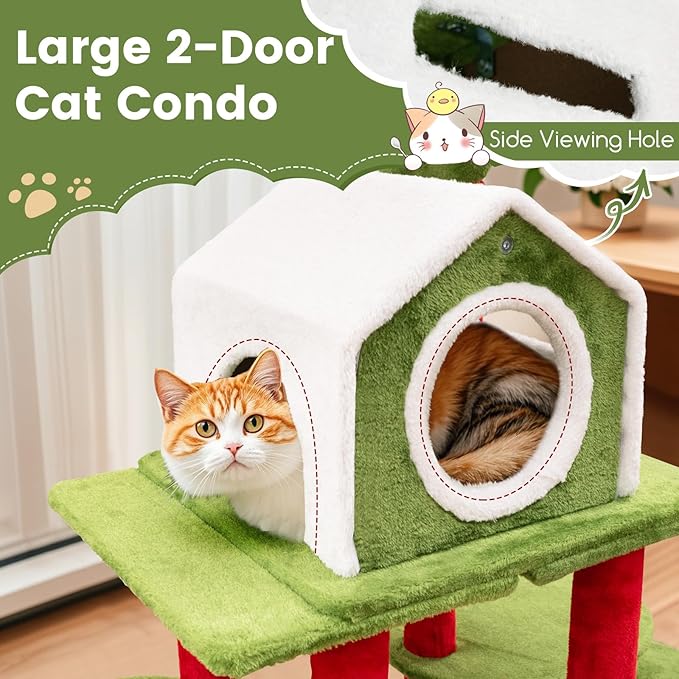 PETSITE 58 Inch Cat Christmas Tree, Multi-Level Cat Tower with 3 Cat Condos, Cat Self Groomer, Side Basket, Faux Christmas Tree, and Anti-Tipping Kit, Christmas-Themed Cat Tree for Indoor Cats