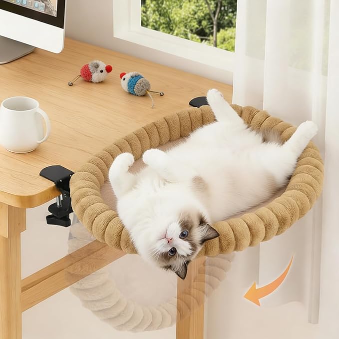Pawow Large Cat Desk Bed, 90° Foldable Space-Saving & Sturdy Dual-Clamp, 2 Washable Covers(Faux Fur & Mesh), Metal Frame, Supports up to 40 Lbs, Pet Perch Desktop Hammock for Small to Large Cats