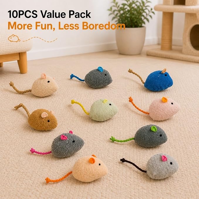 Cat Toys Mouse Set, 10 Pack Plush Mice with Rope Tails, Soft Interactive Cat Toy for Indoor Cats, Kittens, Chase, Batting & Hunting Play