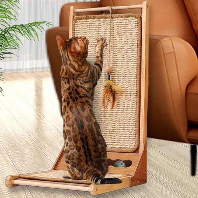 Cat Scratcher, 23.6in Sisal Scratching Pad, L Shape Scratch Pad Wall Mounted with Ball Toy for Indoor Cats, Durable Natural Sisal Cat Scratch Furniture Protector