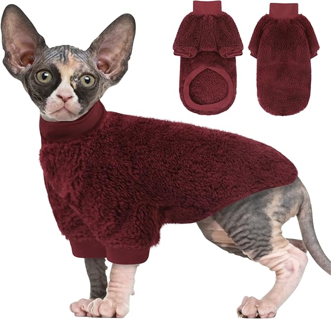 Sphynx Cat Sweater, Hairless Cats Turtleneck Pullover Kitten Sweaters for Cats Only, Warm and Soft Cat Pajamas Shirt with Sleeves Pet Winter Clothes Fleece Jumpsuit for Puppy, Burgundy L