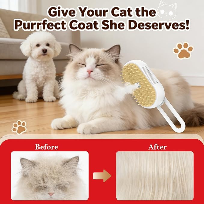 Pet Cold Mist Grooming Brush - Self-Cleaning Deshedding Tool for Dogs & Cats | Spritz Function, USB Rechargeable, Slicker Comb for Long/Short Hair (White)