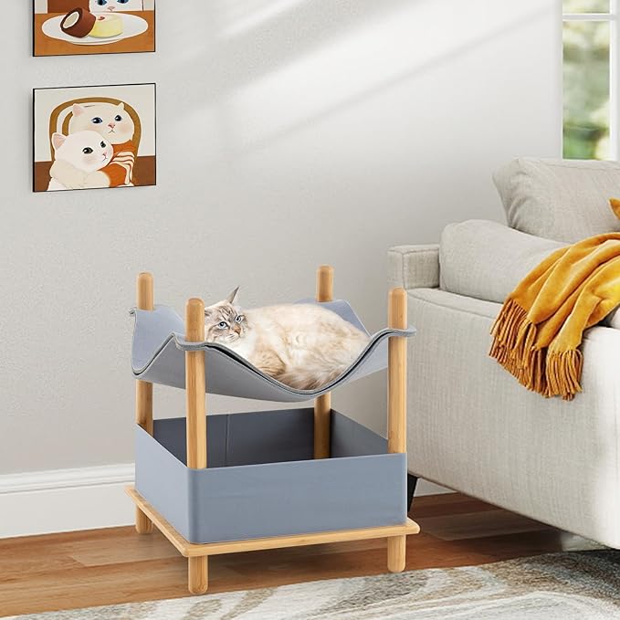 Tangkula Elevated Cat Hammock Bed, 2-Tier Bamboo Pet Bunk Beds for Indoor Cats, Modern Raised Hanging Bed with Semi-Enclosed Condo, Removable & Washable Felt Fabric, Extra Storage Space (Gray)