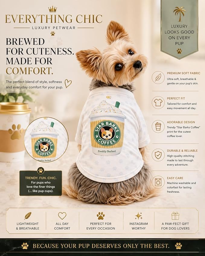 Everything Chic Luxury Designer Dog T-Shirt Trendy Puppy Clothes for Small Dogs, Fashion Pet Tee for French Bulldogs & Chihuahuas, Soft Cotton-Blend, StarbarksTee, Small