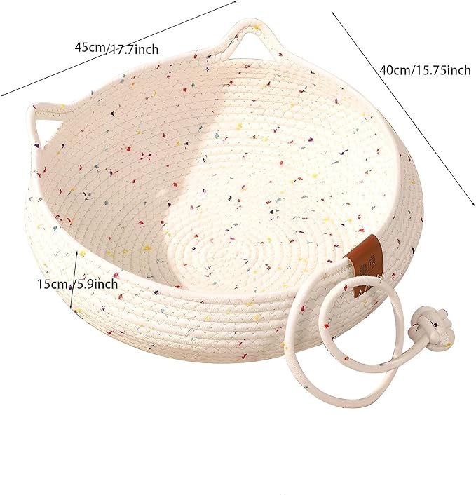 Hand Woven Cat Bed with Toy Tail Natural Cotton Rope Cat Scratch Pad Cozy Cat Scratching Mat with Cat Ball Toy Cat Furniture Protector for Wall, Couch, Carpets, Sofas （White） (White)