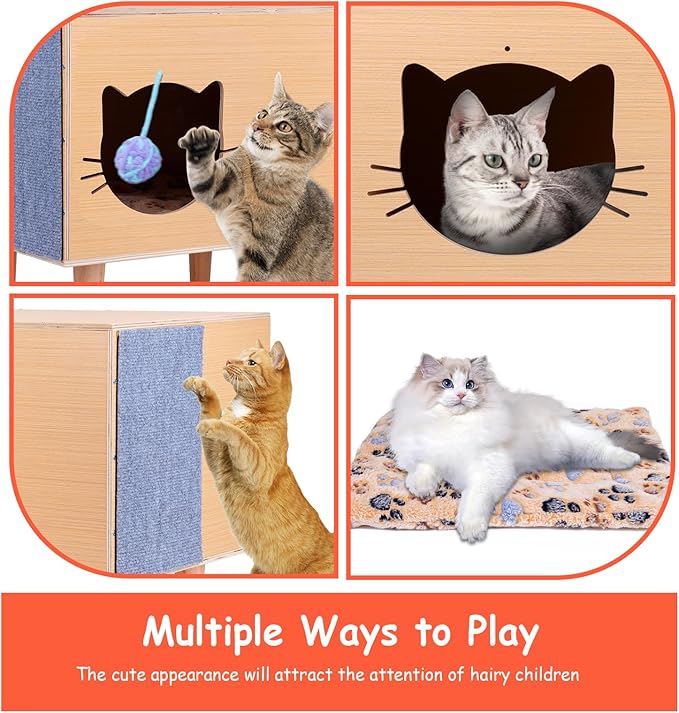 Cat House for Indoor Cat Bed Cave Wooden Condo with Cushion Scratcher Fluffy Ball Large Kitten Small Animal Stray Cats Hideaway Pet Cube