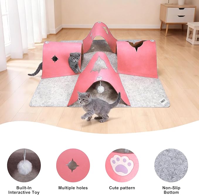 35.4" Large Interactive Felt Cat Activity Play Mat – Ripple Style Hide & Seek Tunnel with Hanging Ball, Foldable Snuffle Mat for Indoor Cats, Kittens, Rabbits, Small Pets, Pink