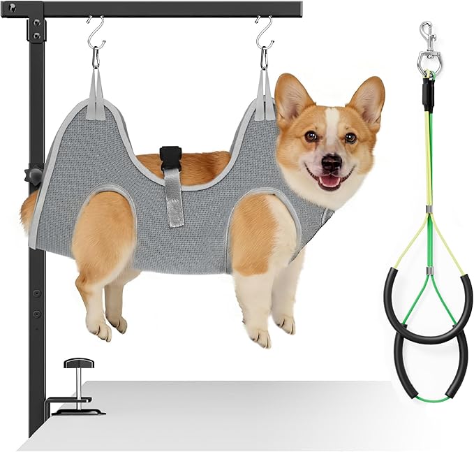 niffgaff Adjustable Dog Grooming Arm with Clamp, 26″–40″ Height, M Hammock with Back Buckle, No-Sit Grooming Restraint for Small & Medium Dogs