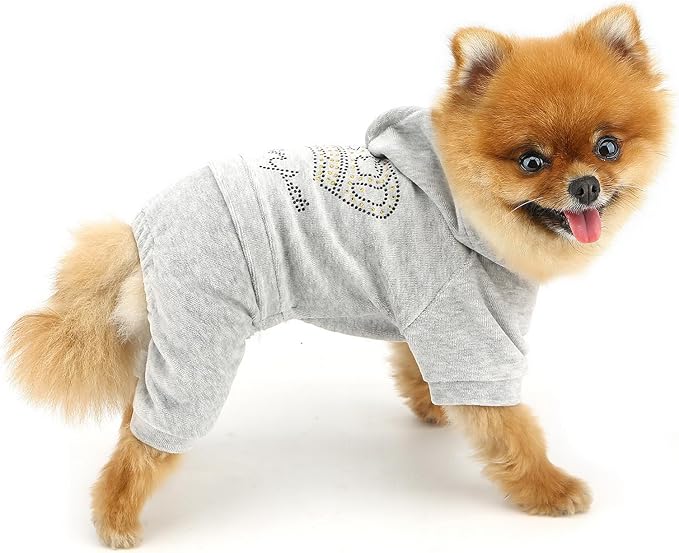 Girl Dog Clothes for Small Dogs Cute Doggie Outfits Rhinestone Crown Stretchy Puppy Pajamas Soft Velvet Hoodie 4 Legged Jumpsuit Lightweight Pet Tracksuit Cat Apparel Leash Hole