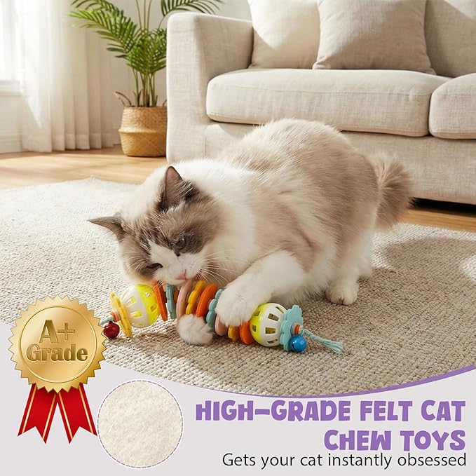 2 Pack Cat Toys with Catnip Bell Sound, Durable Interactive Cat Chew & Kicker Toys for Indoor Kittens & Cats Exercise, Safe Kitten Teething Toys for All Breeds Self Play, 7.8 Inchs, Colorful