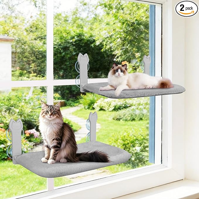 2 Pack Cat Window Perch,Cat Window Hammock Cordless Foldable Window Bed with 4 Large Strong Suction Cup,Reversible Cushion Cover,Metal Frame Easy to Adjust Window Seat Holds up to 40lbs(Gray)