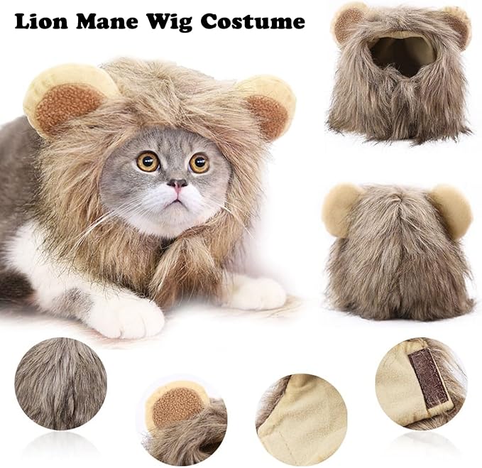 Qiansail Lion Mane Wig for Cats, Funny Bunny Ears Cute Dog Hats Cat Apparel Costume Pet Clothing Accessories for Halloween Cosplay Party