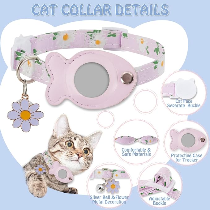 Cat Collar for Airtag, Breakaway GPS Tracker Kitten Collar with Airtag Holder and Bells for Girl Boy Cats Cute Personalized Cat Collar with Fish Adjustable Length (Purpul)