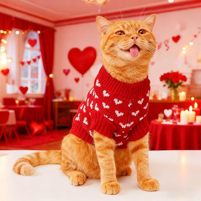 Heart Knit Pet Sweater, Warm Pullover Winter Clothes for Small and Medium Dogs Cats, Soft Puppy Outfit for Cold Weather, Christmas, Valentine's Day (Red, L (Fit 8–9 lbs, Chest 13–14", Neck 10–11"))