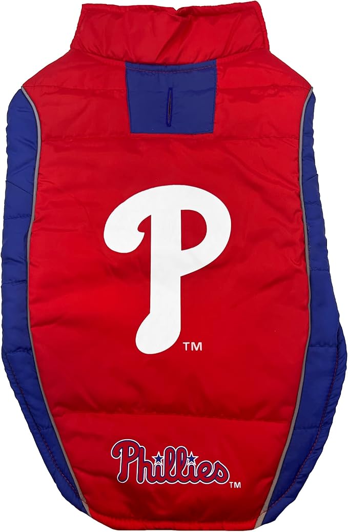 MLB Philadelphia Phillies Puffer Vest for Dogs & Cats, Size Large. Warm, Cozy, & Waterproof Dog Coat, for Small & Large Dogs/Cats. Best MLB Licensed PET Warming Sports Jacket