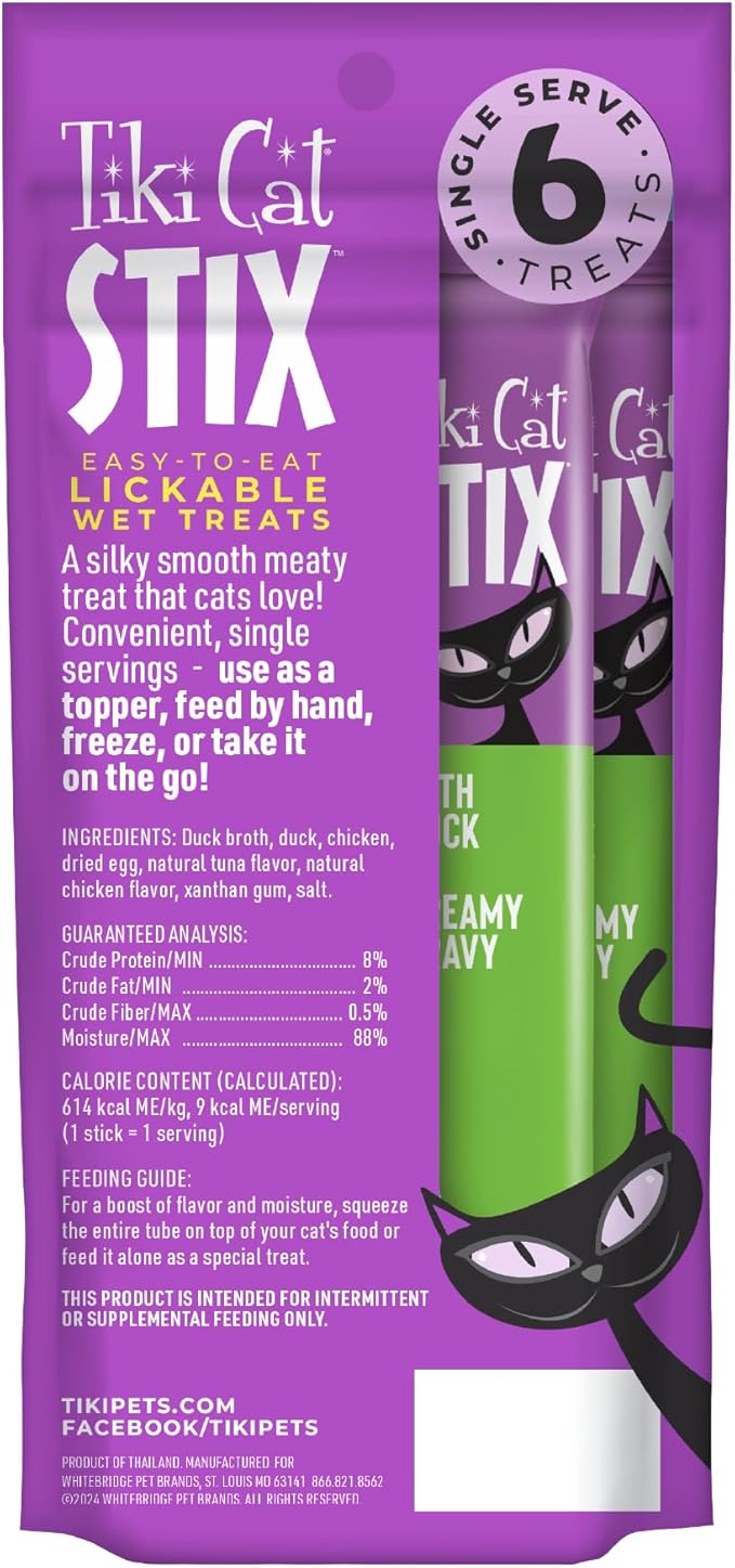 Tiki Cat Stix Wet Mousse Cat Treats, 3 oz. Pouch of Single Serve Lickable Treats, with Duck in Creamy Gravy, (8 Pack of 72 Tubes)