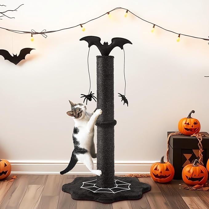 Gothic Cat Scratching Post with Spider Dangling Toys for Indoor Cats, Sisal Scratch Pole, Durable Monster-Themed Scratch Post, Suitable for Kittens and Large Cats, Black