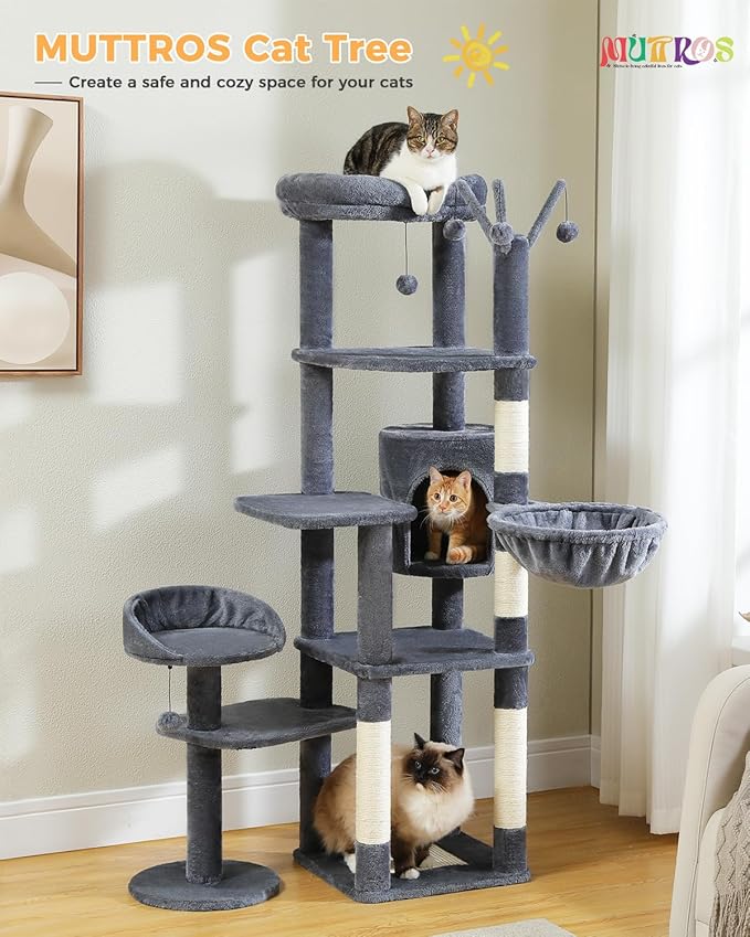 MUTTROS 59" Cat Tree, Cat Tower for Large Cats, Multi-Level Cat Tower with 3 Removable Pompom Sticks, Cat Tree for Indoor Cats, Cat Condo with Large Hammock, Scratching Post, and 2 Perches, Dark Gray